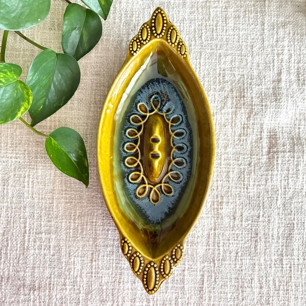 Vintage 1960s Ashtray Olive Green Blue Drip Glaze MCM Calif Pottery USA E9-11